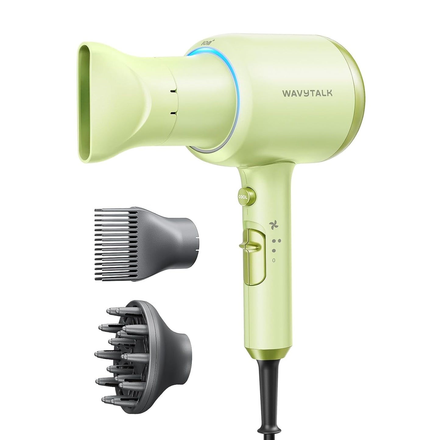 Wavytalk Hair Dryer with Diffuser, Blown Away Ionic Hair Dryer for Curly Hair with Comb, 1875W Fast Drying Blow Dryer with Ceramic Technology, 3 Attachments for All Hair Types, Light and Quiet, Green