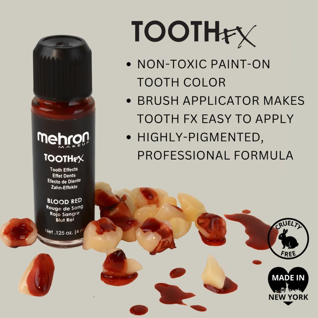 Mehron Makeup Tooth FX Blood Red | Temporary Red Tooth Paint | Perfect for Creating Red Teeth FX, Rotten Teeth Makeup, & Bloody Teeth SFX for Halloween, Cosplay, & Theater .125 oz (4 ml)