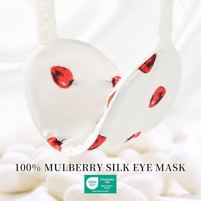 THXSILK Sleep Mask 100% 19 Momme Pure Mulberry Silk Super Smooth Cooling Decorative Sleep Eye Mask Blackout Eye Cover with Wide Head Strap, Strawberry-White