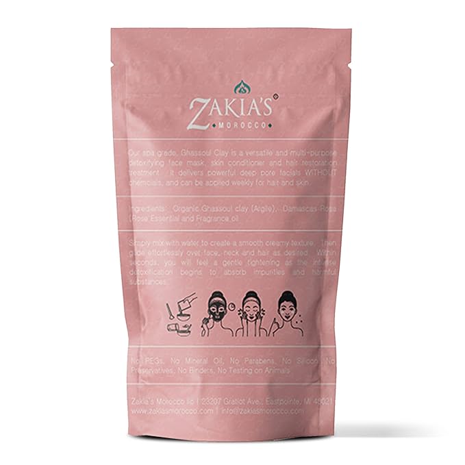 Zakia's Morocco Moroccan Rhassoul Clay Mask (Rose Scented) - Organic Natural Facial Clay and Skin Care Treatment - Anti-aging Mud Mask Heals Dry & Oily Skin, Acne, Eczema & Psoriasis - 8 Oz