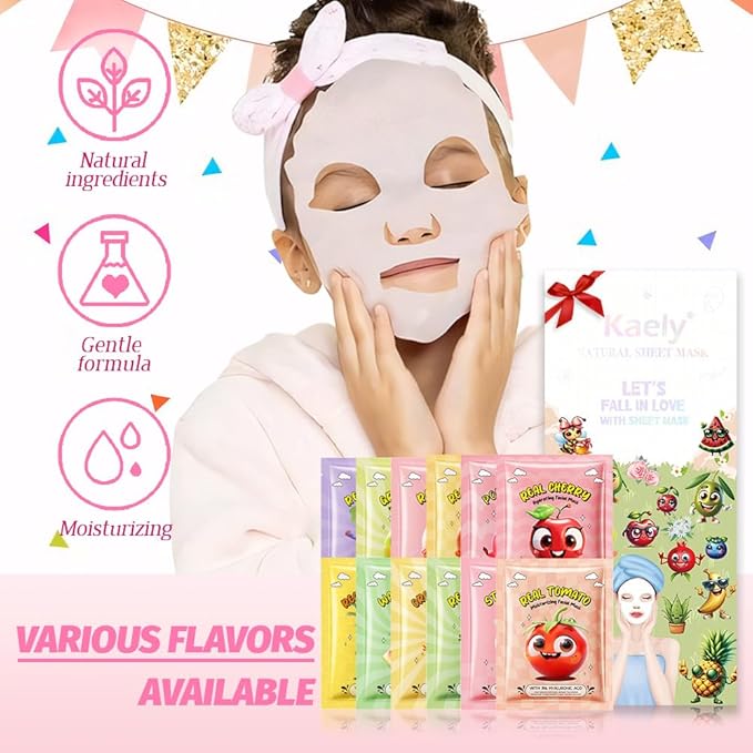 12 Pack Fruit Face Masks for Kids,Hydrating Face Mask For Sensitive Skin,Moisturize,Soothing,Nourish for All Skin Types,Natural Spa Party Facial Mask Skincare Set for Women Men Girls