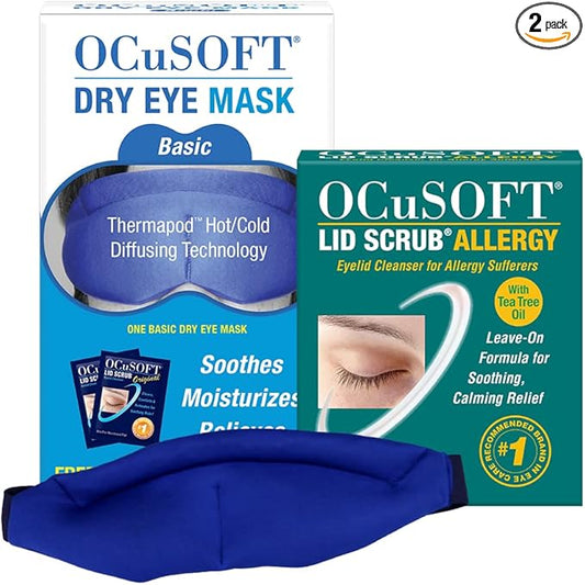 OCuSOFT Lid Scrub Allergy & Dry Eye Mask Bundle - Soothes Red, Irritated Eyelids - Pre-Moistened Eyelid Cleanser Pads & Reusable Moist-Heat Eye Compress Kit - 30 Pads + 1 Thermapod Mask