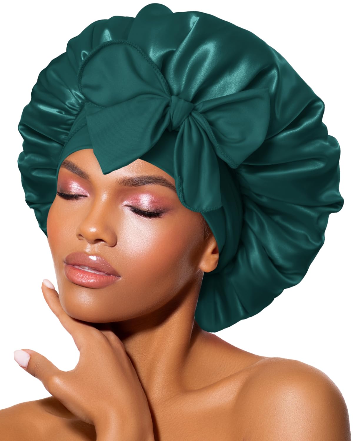BONNET QUEEN Silk Bonnet for Sleeping Women Satin Bonnet Night Sleep Cap Wrap for Curly Hair with Adjustable Tie Band, Darkish Green