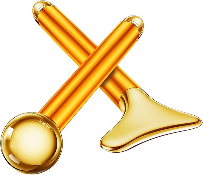 Amirce 2-in-1 Gua Sha and Ice Roller Facial Tools, Electric Face Massager Device for Eye, Jaw, Scalp, Neck, Gold