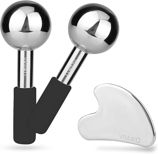 ICE Globes for Facials & Gua Sha Set, Gua Sha Facial Tools and Cryo Sticks with Unbreakable Steel, Face Massager Cooling Rollers for Dark Circles, Puffiness and Lymphatic Drainage (Black)