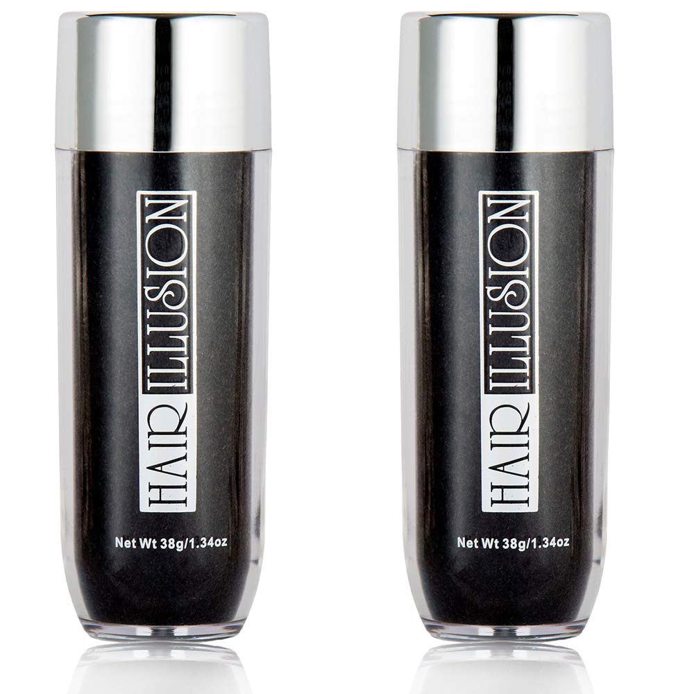 Hair Illusion Black Real Hair Fibers for Thinning Hair - 100% Natural Texture, Non Synthetic Hair Fibers - Bald Spot Cover Up for Women & Men - 38 Gram - Pack of 2
