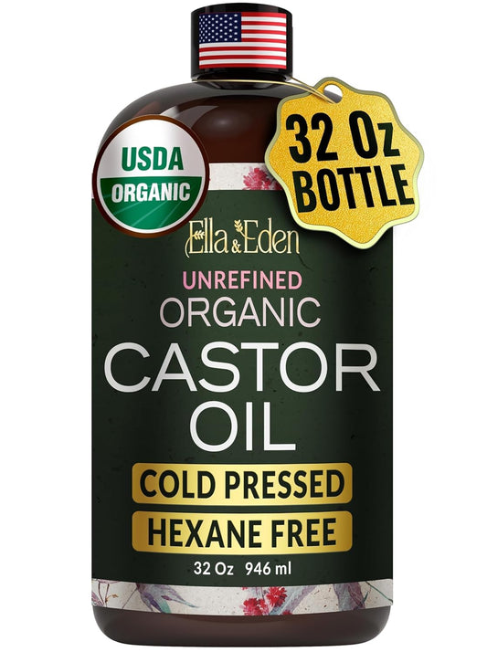 Ella & Eden Organic Castor Oil – Cold-Pressed Hexane-Free Unrefined| For Hair Growth, Skin and Face | USDA Certified & 100% Pure | 32 fl oz