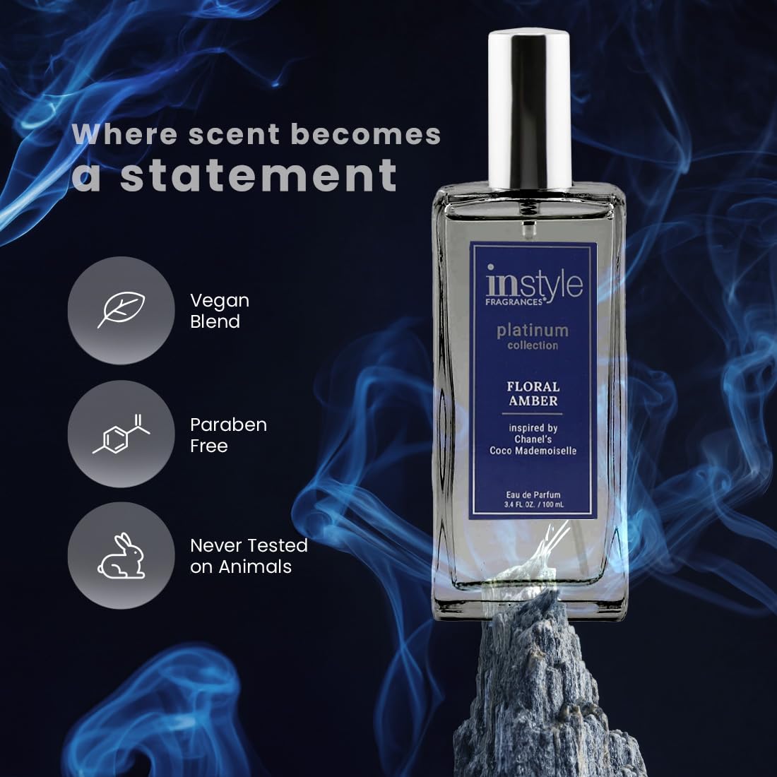 Instyle Fragrances, Platinum Collection, Floral Amber, Inspired by Chanel's Coco Mademoiselle, Women’s Eau de Parfum, CLEAN, Vegan, Paraben-Free, Never Tested on Animals, 3.4 Fluid Ounces