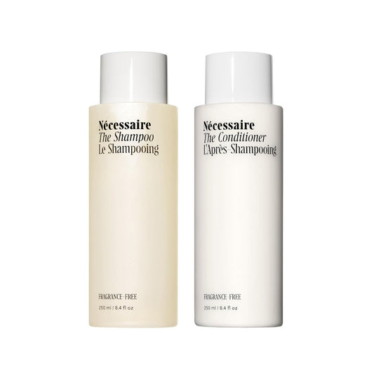 Nécessaire The Hair Duo - Shampoo and Conditioner Set 2 x Full-Size. The Shampoo + The Conditioner. Hyaluronic Acid + Vitamin B Complex. Fragrance-Free. Approved by the National Eczema Association.