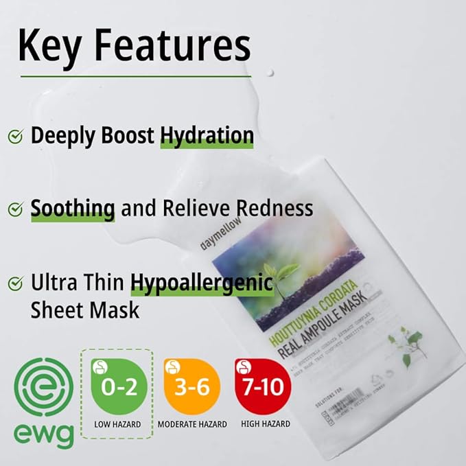 Daymellow Sheet Mask 5PACK, Houttuynia Cordata Real Ampoule Masks, Face Sheet Mask, Heartleaf, Panthenol, Tea Tree, Hydrating, Acne, Soothes, Redness, Deep Moisturizing, Korean Skincare