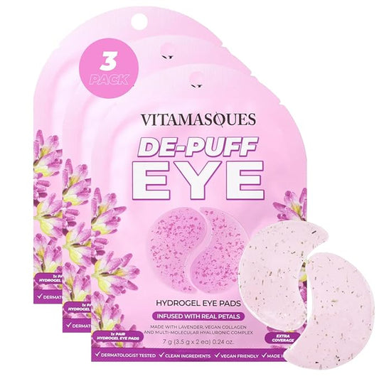 Vitamasques De-Puff Hydrogel Eye Pads, with Lavender & Vegan Collagen (Pack of 3)