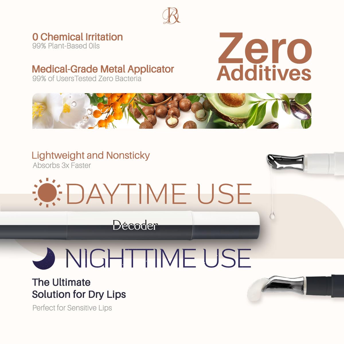 Decoder Day & Night Lip Care Set | 3 Lip Oils + 2 Night Lip Balms | Glossy Finish, Fast-Absorbing, Repair and Deep Nourishing | Stainless Steel Applicator, Vegan-Friendly, 5 x 0.05Oz