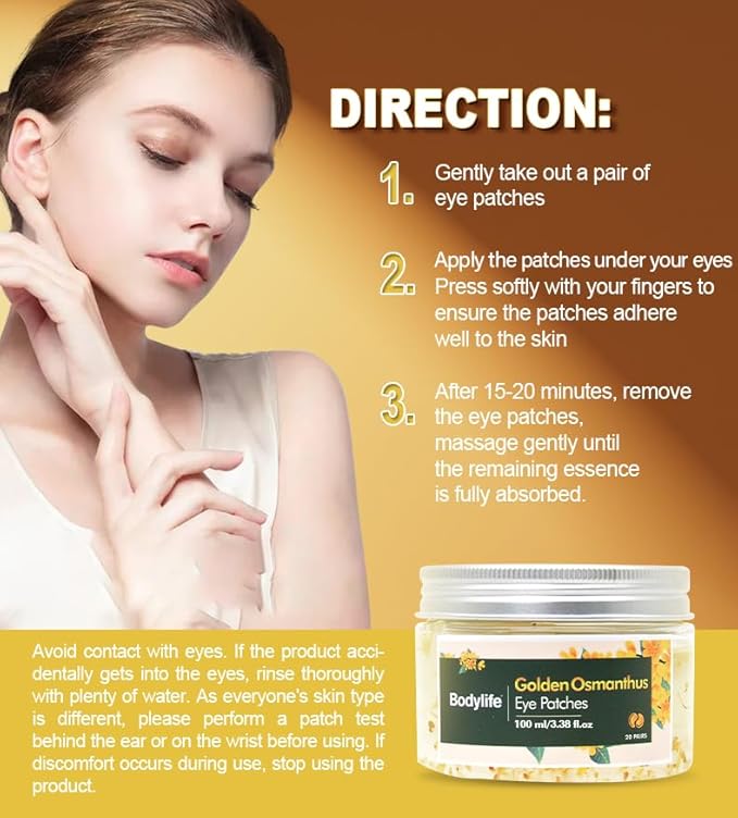 Golden Osmanthus Anti Aging Eye Mask for Dark Circles and Puffiness Reduce Wrinkles,with Hydrolyzedsoy protein, Osmanthusfragrans extract, glycerin, and Tremella fuciformis flower extract,20 pairs