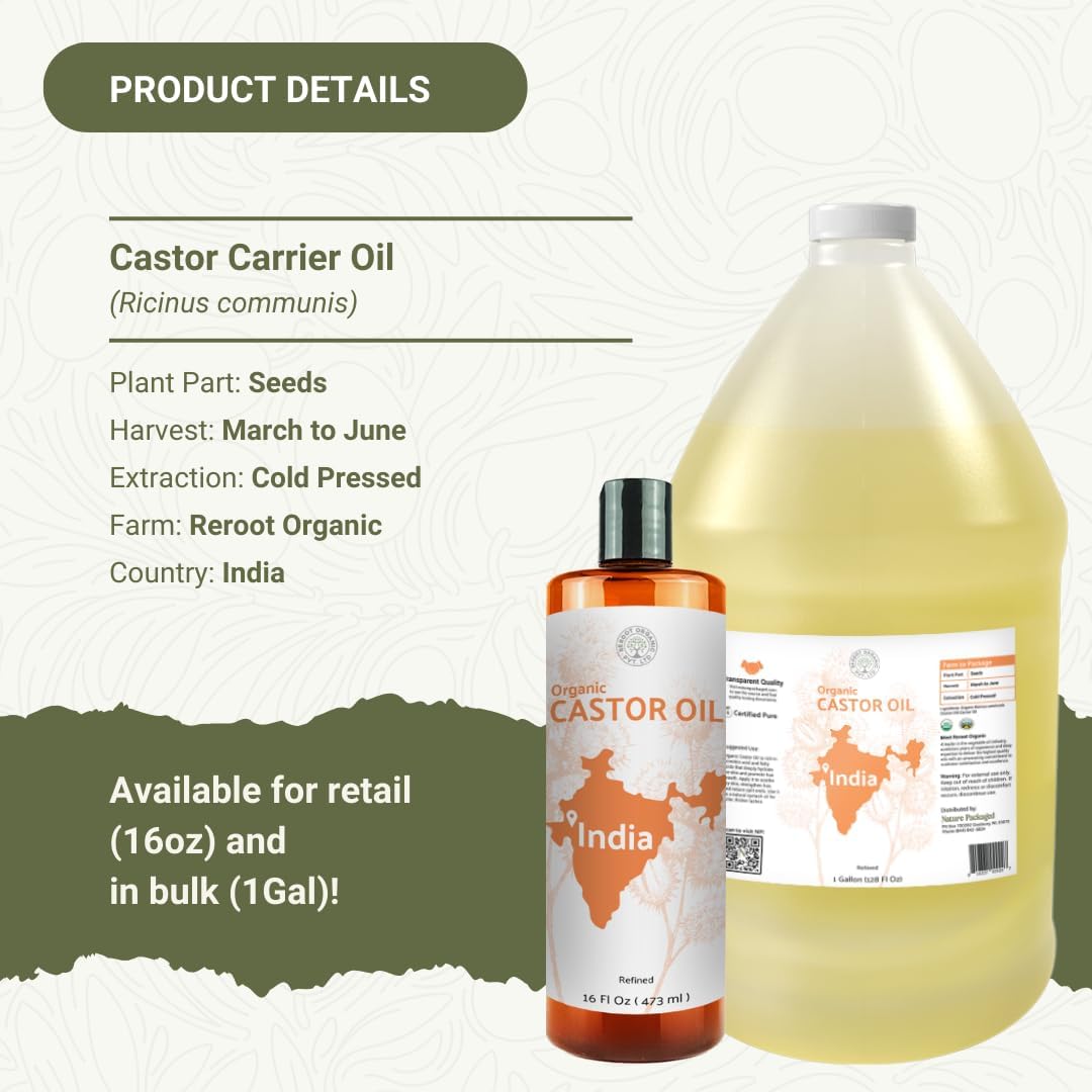 Organic Castor Oil Direct From India - Cold Pressed Castor Oil For Face, Hair Growth, Eyelash Serum, Eyebrow - Skin and Face Moisturizer and Detox - Hexane Free 4 Gallon