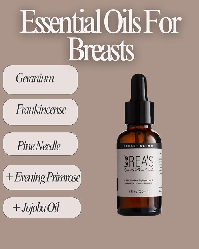 Brea's Breast Wellness Serum – Botanical Essential Oil Blend with Frankincense, Geranium, Evening Primrose & Jojoba for Soothing Massage & Skin Hydration – 1 fl oz
