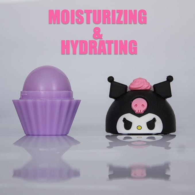 25 Glam Lux Bundle Kawaii Cupcake Scented Lip Balm Set, Hello Kitty & Friends Characters, 4 Pack, Moisturizing Formula Kuromi Melody Hydrating Yummy Scented