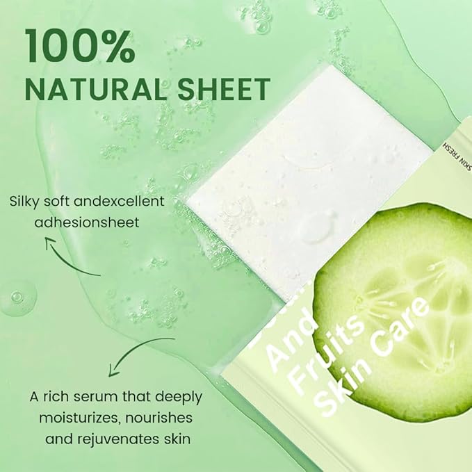 8 Pack Cucumber Face Sheet Mask Skincare,Hydrating Face Mask For Sensitive Skin,Moisturize,Soothing,Nourish for All Skin Types,Natural Spa Party Facial Mask Skincare Set for Women Men Girls