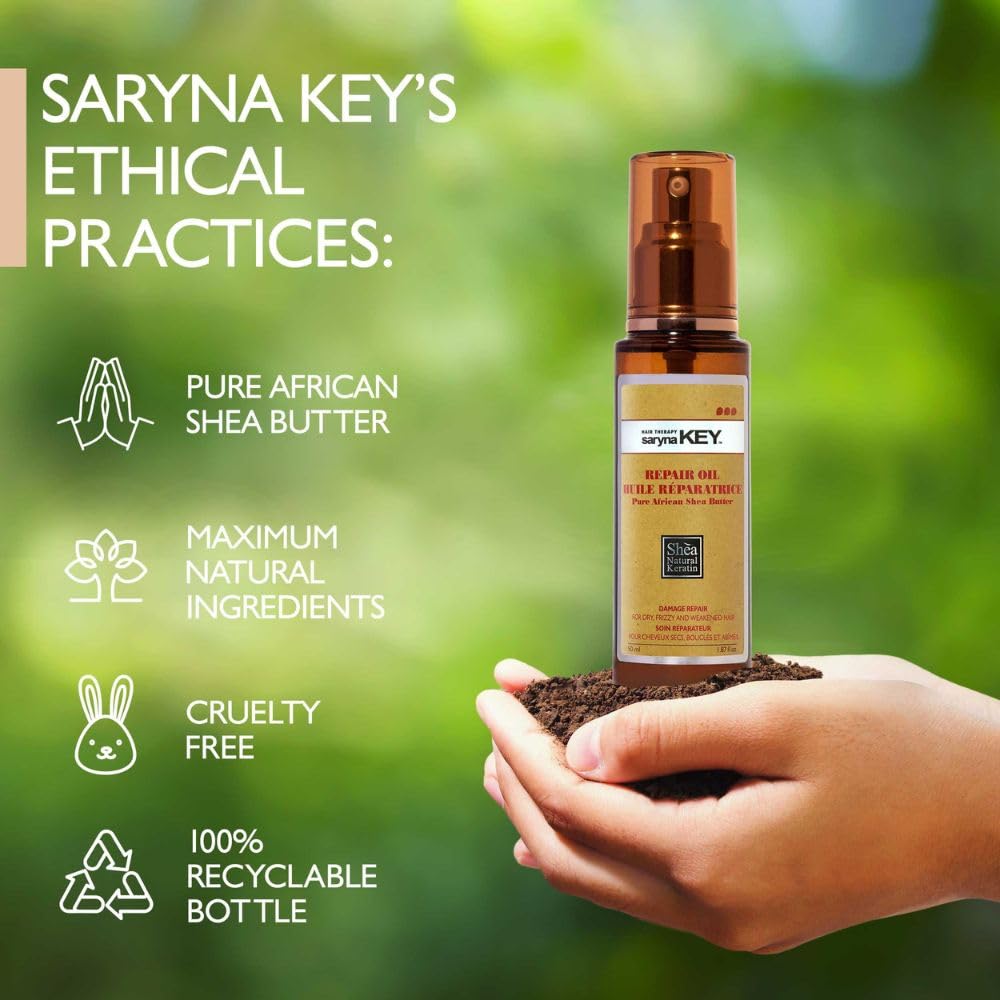 Saryna Key Hair Oil for Damage Repair - Pure African Shea Butter with Keratin & Vitamin E for Hair Treatment - Frizz Control & Split End Repair Hair Serum - Moisturizes, Shines, Softens (50ml/1.87oz)