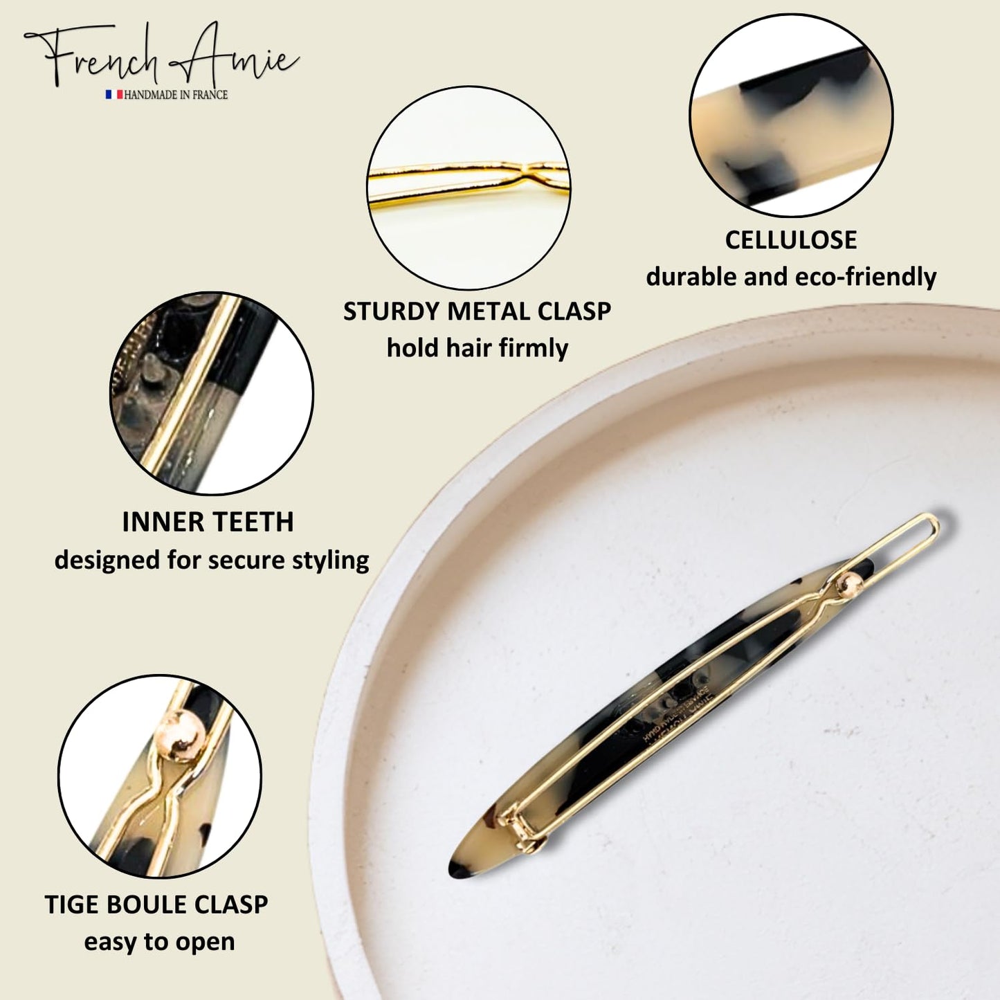 French Amie Narrow Oblong Small 2 1/4" Celluloid Acetate Set of 2 Side Slide In Hair Clip Barrettes with Tige Boule Clasp for Girls and Women, Made in France (White Tokyo)