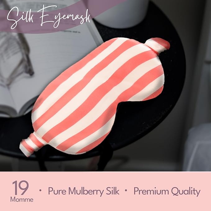 CELESTIAL SILK Mulberry Silk Sleep Eye Mask with Adjustable Elastic Strap (Normal - Adjustable, Pink/White Stripe)