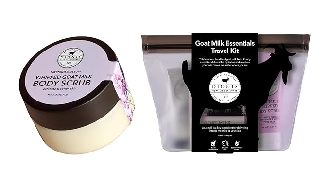 Dionis Goat Milk Lavender Blossom 6 Pc Self-Care Travel Set + 8oz Whipped Body Scrub – Hydrating Exfoliation & Moisture Kit for Smooth, Soft Skin – Cruelty-Free, Paraben-Free, Made in the USA