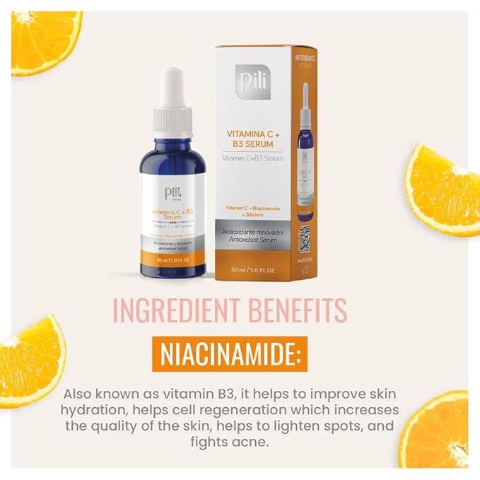 Pili Vitamin C Serum with Niacinamide & Organic Silicon – Brightening, Hydrating & Anti-Aging Face Serum for All Skin Types, Including Oily & Acne-Prone Skin – 1 fl oz