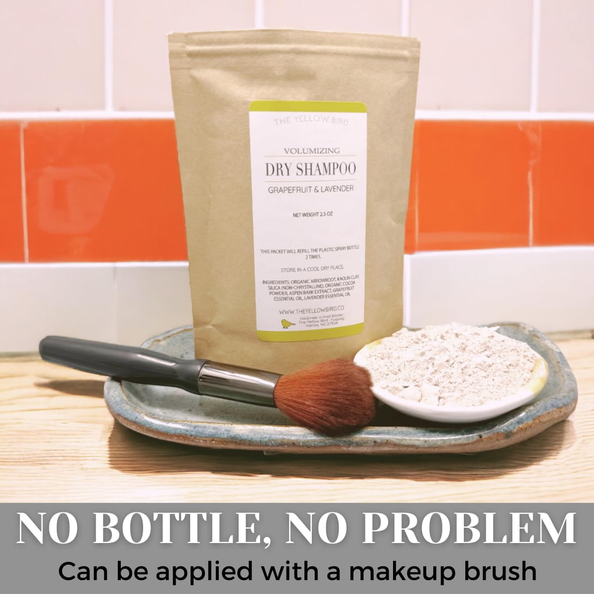 Yellow Bird All Natural Dry Shampoo Powder Eco Friendly Refill Packet - Aerosol Free, Talc Free, Volumizing Powder for Light & Dark Hair.