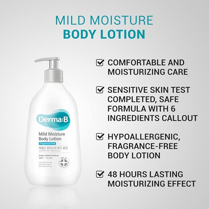 DERMA B Mild Moisture Body Lotion, Fragrance-Free Non-Irritating Body Moisturizer for Dry & Sensitive Skin with Witch Hazel, Unscented Fast-Absorbing Moisturizing Korean Skincare,13.5 Fl Oz,400ml