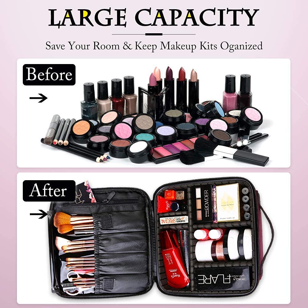 gzcz Travel Makeup Bag,Portable Makeup Case for Women,Professional Cosmetic Train Case Organizer Artist Storage Bag With Adjustable Dividers Brushes Toiletry Jewelry Digital Accessories