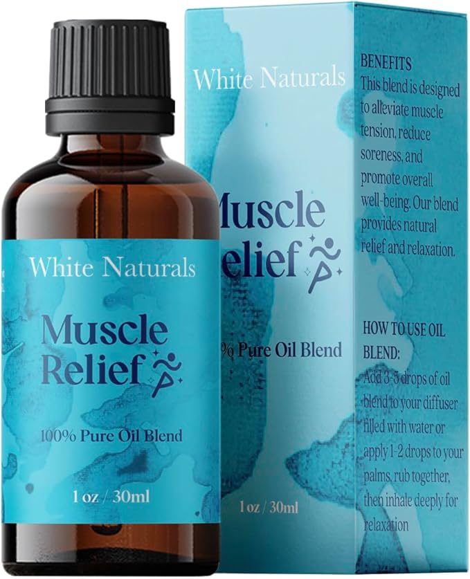 White Naturals Muscle Relief Essential Oil Blend – Natural Soothing Oil for Sore Muscles & Joint Discomfort, 100% Pure & Therapeutic Essential Oils for Pain Relief & Relaxation, 1oz