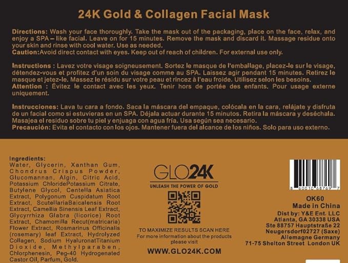 24K GOLD and Collagen Facial Mask A Potent Hydrating, Nourishing, and Recharging 24K Gold and Collagen Facial Mask