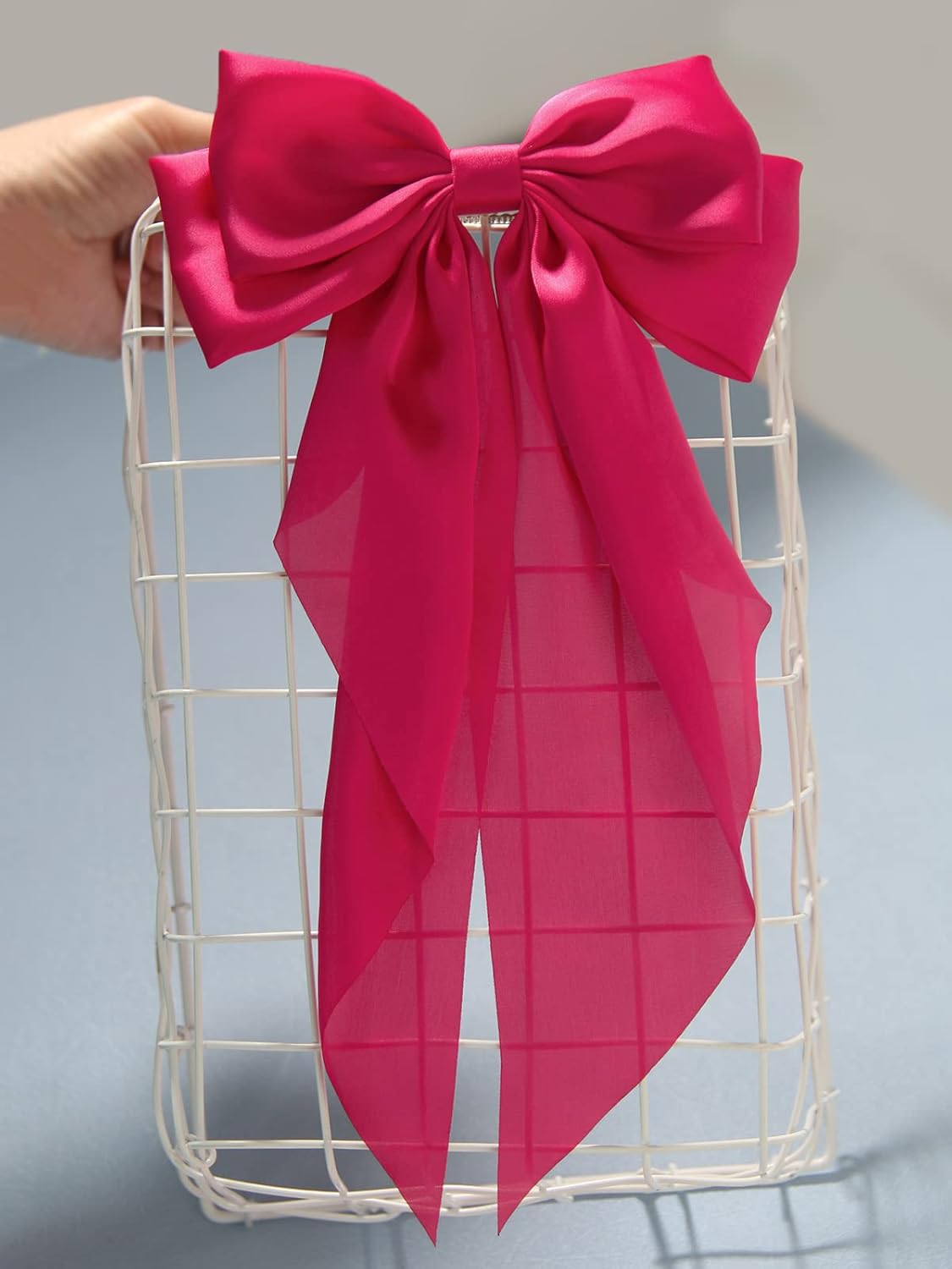 Furling Pompoms Hot Pink Bows Hair Clips for Women Large Bow Clip for Girls Satin Long Tails with Alligator Clips White Big Hair Bow Hair Accessories Pack of 2