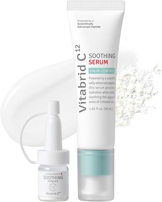 12 Hour Vitamin C Soothing Serum for Acne & Blemish-Prone Sensitive Skin - Improves Sebum, Pores and Redness - Peptides, Niacinamide, Madecassoside, 1.01 fl.oz. Powder 0.04oz.