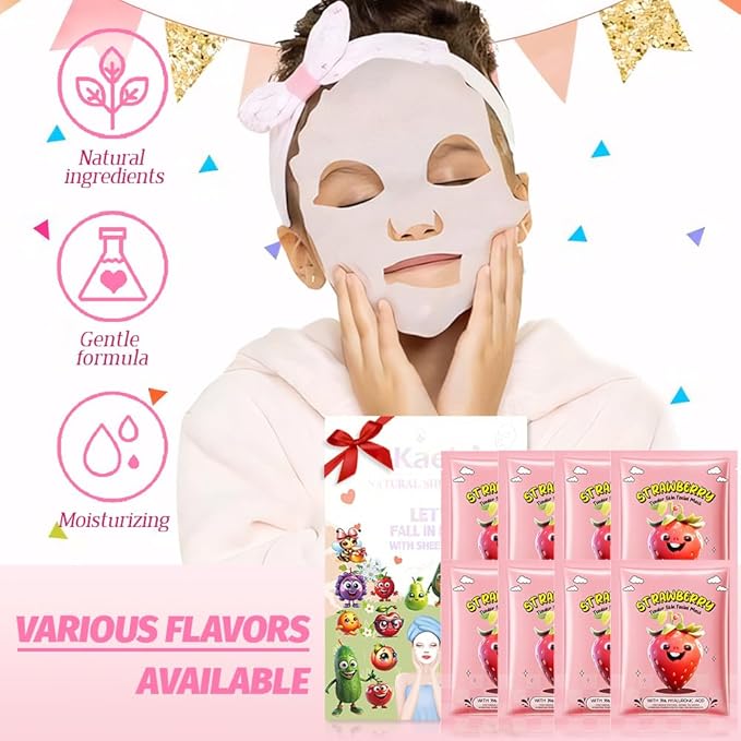 8 Pack Strawberry Fruit Face Masks for Kids,Hydrating Spa Face Mask For Sensitive Skin,Moisturize,Soothing,Nourish for All Skin Types,Natural Skin Care Spa Face Mask for Women Men Girls