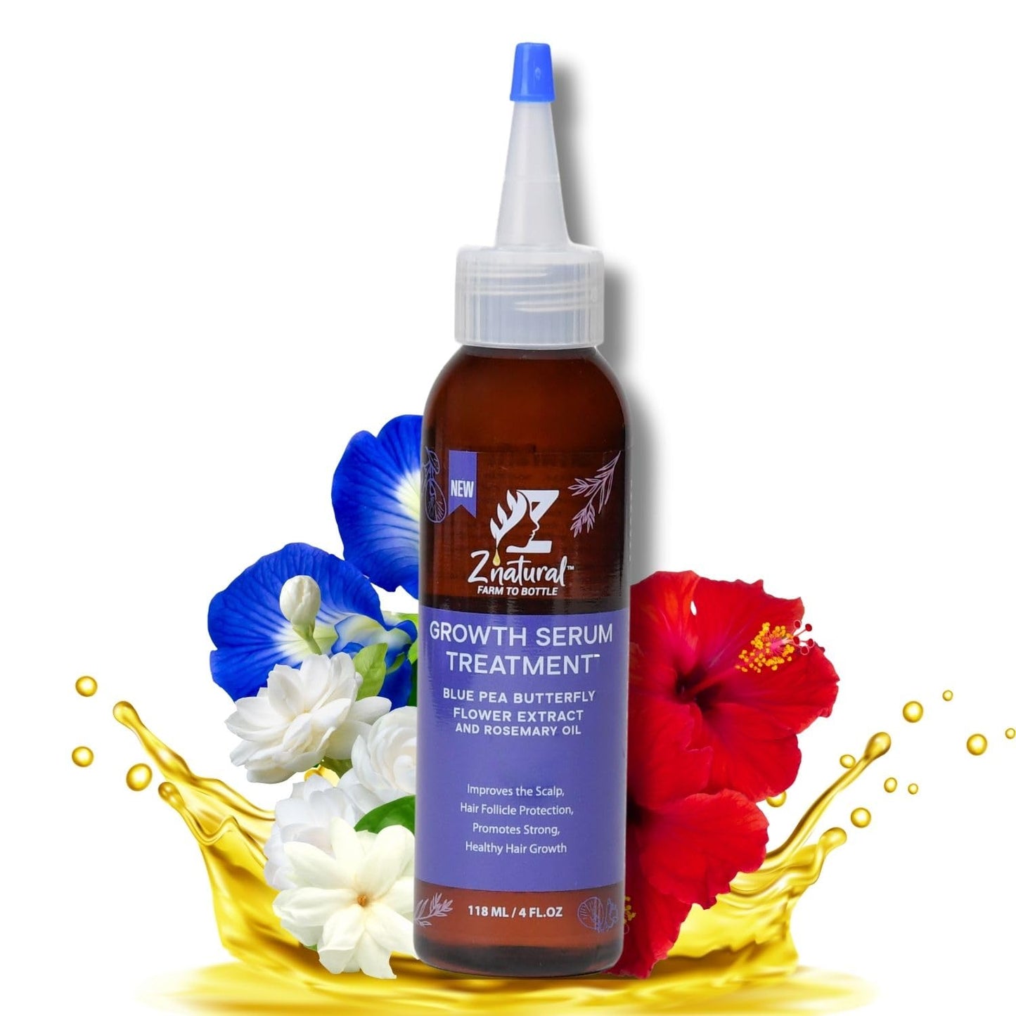 Z’Natural Scalp Hair Growth Treatment Oil – Natural Hair Oil with Blue Pea, Rosemary, Hibiscus, Jasmine & Moringa – Strengthens, Nourishes & Revitalizes Hair – Organic Oils 4Fl Oz