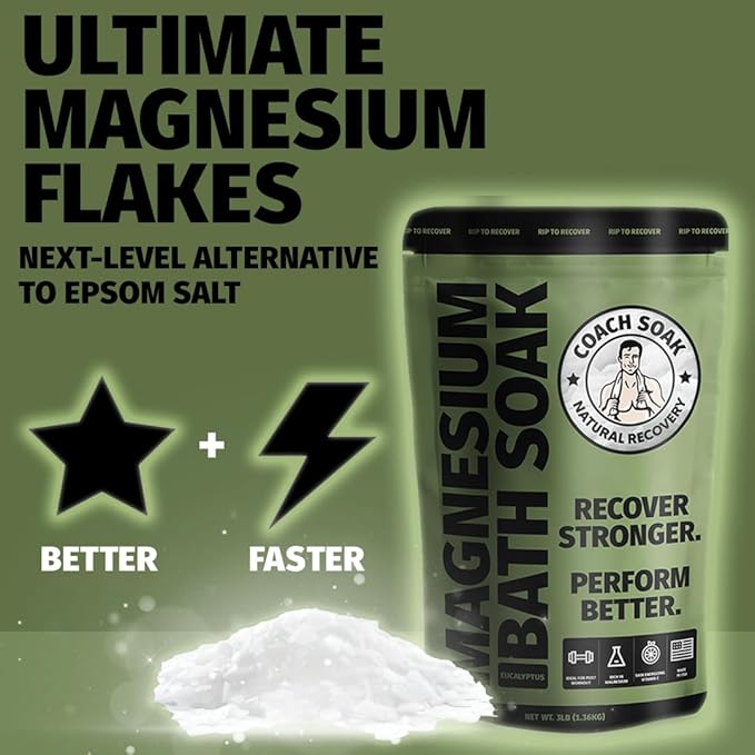 Coach Soak: Recovery Bath Soak – Rejuvenating Post Workout Natural Magnesium Flakes - 21 Minerals, Essential Oils & Dead Sea Bath Salts - Absorbs Faster Than Epsom Salts, 3lbs (Eucalyptus Tea Tree)