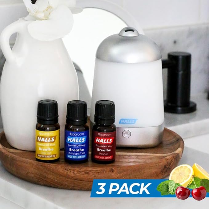 Halls Breathe Menthol with 100% Pure Essential Oils Blend for Diffusers and Aromatherapy, 10 mL, Mentho-Lyptus, Cherry and Lemon, Set of 3