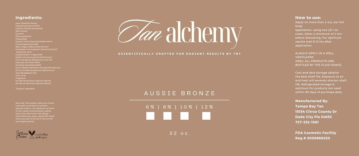 Tan Alchemy, Aussie Bronze 32 oz of 10%, Med/Med Dark DHA Sunless Airbrush Spray Tanning Solution (32oz)