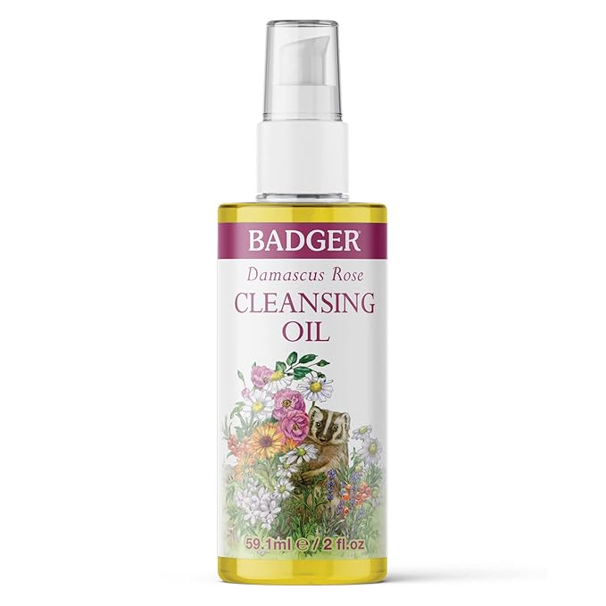 Badger Rose Face Cleansing Oil, Organic Facial Cleanser & Makeup Remover, Non-Greasy Moisturizing Skin Balancing Gentle Face Cleanser w/Pure Rose Oil, 2 fl oz Glass Bottle