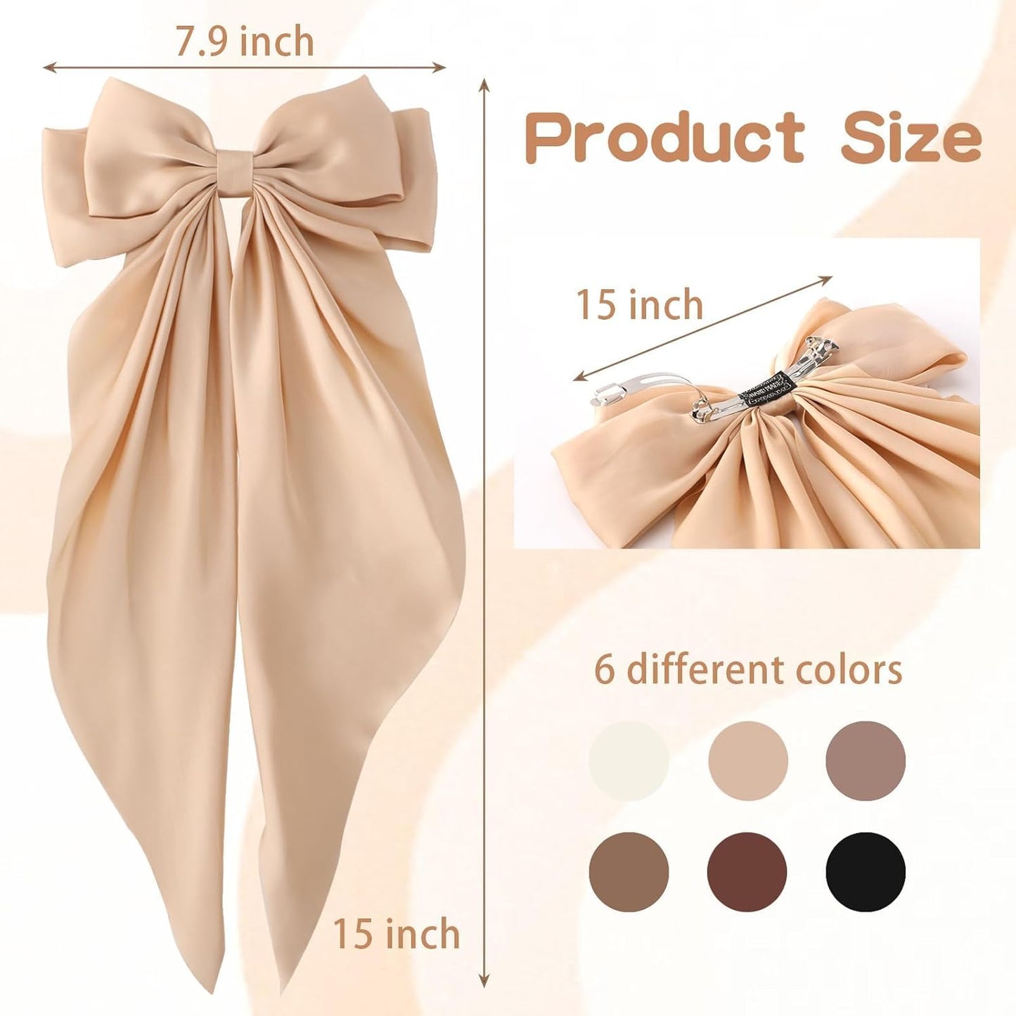 6 PCS Hair Bows for Women, Big Bow Hair Clips for Girls, Silky Satin Hair Bows Clips Oversized Long Tail, Large Hair Barrettes Cute Aesthetic Hair Accessories, Metal Bow Hair Clips Neutral Color