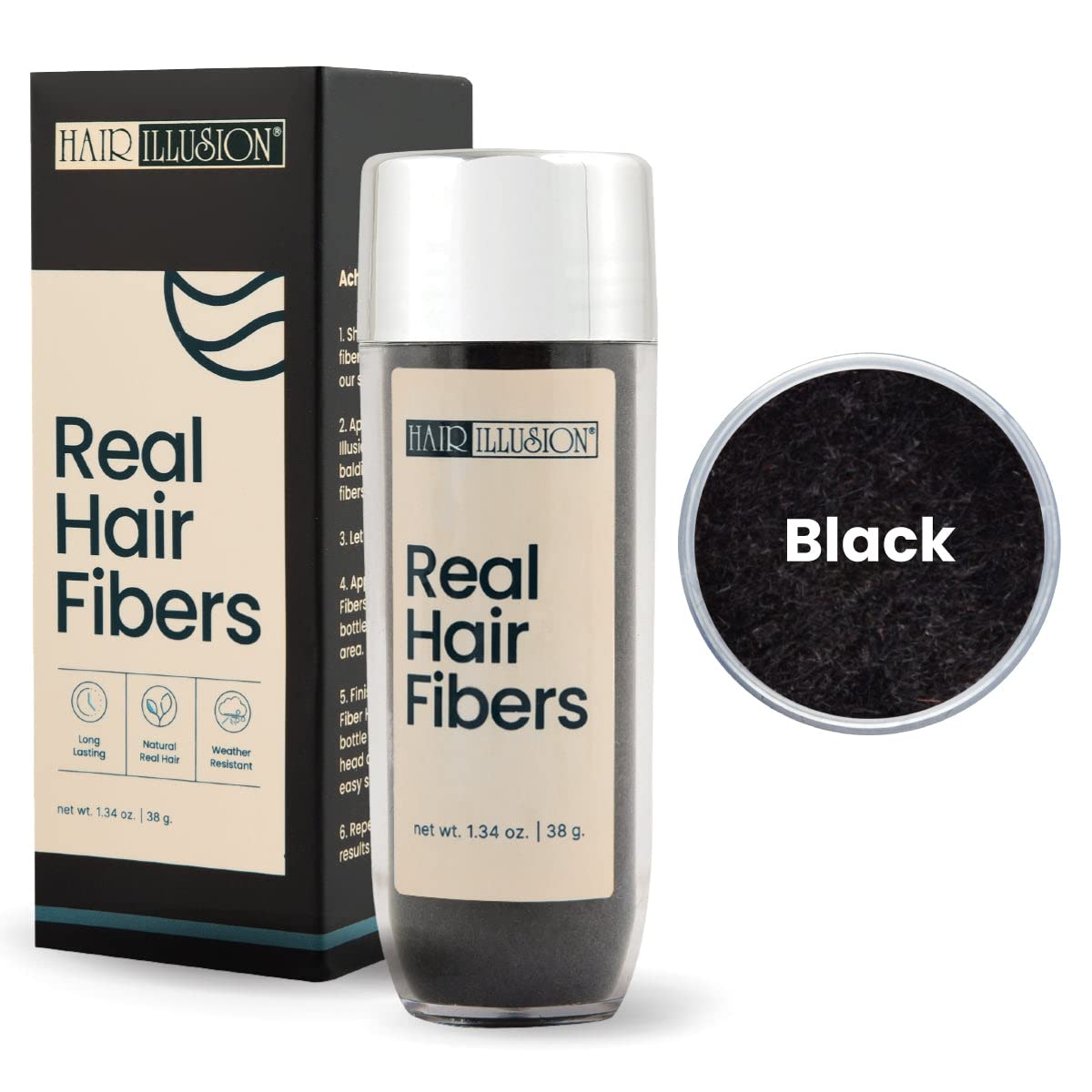 Hair Illusion Real Black Fibers 38g - Creates Fuller, Thicker Appearance for Thinning Hair and Bald Spots - Natural, Superior All Day Hold for Men and Women