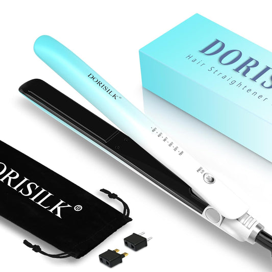 DORISILK Dual Voltage Flat Iron 1 Inch, Ceramic Hair Straightener and Curler 2 in 1, 450℉ Straightening Iron for Thin Thick Hair, Frizz-Free Smooth Tech 30s Fast Heat Gift for Women Girls, Blue White