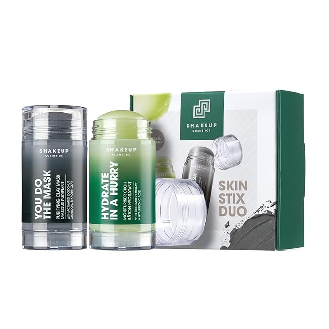Mens Skincare Sticks Duo, Vegan Formula Including a Moisturiser Stick and Charcoal Face Mask Stick, 2-Step Skincare Kit Perfect for Him. Aka. SHAKEUP THE SKIN STIX DUO