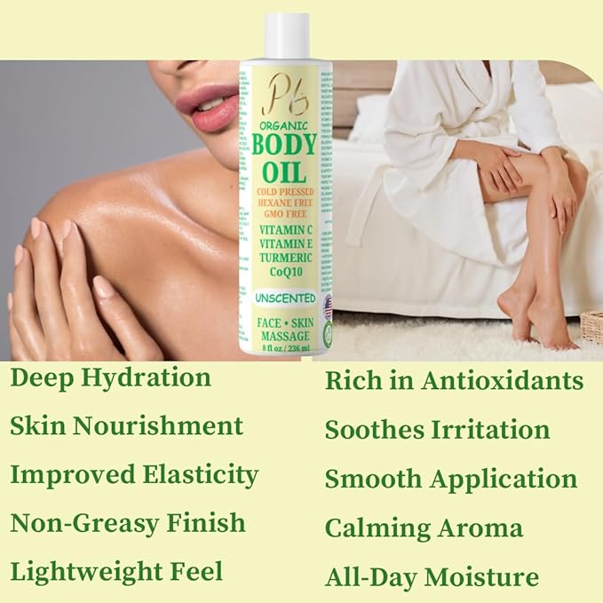 Organic Body Oil – Cold-Pressed Blend with Jojoba, Olive, Moringa & Almond Oils – Hydrating Oil for Skin & Massage, Natural Moisturizer – 8 fl oz