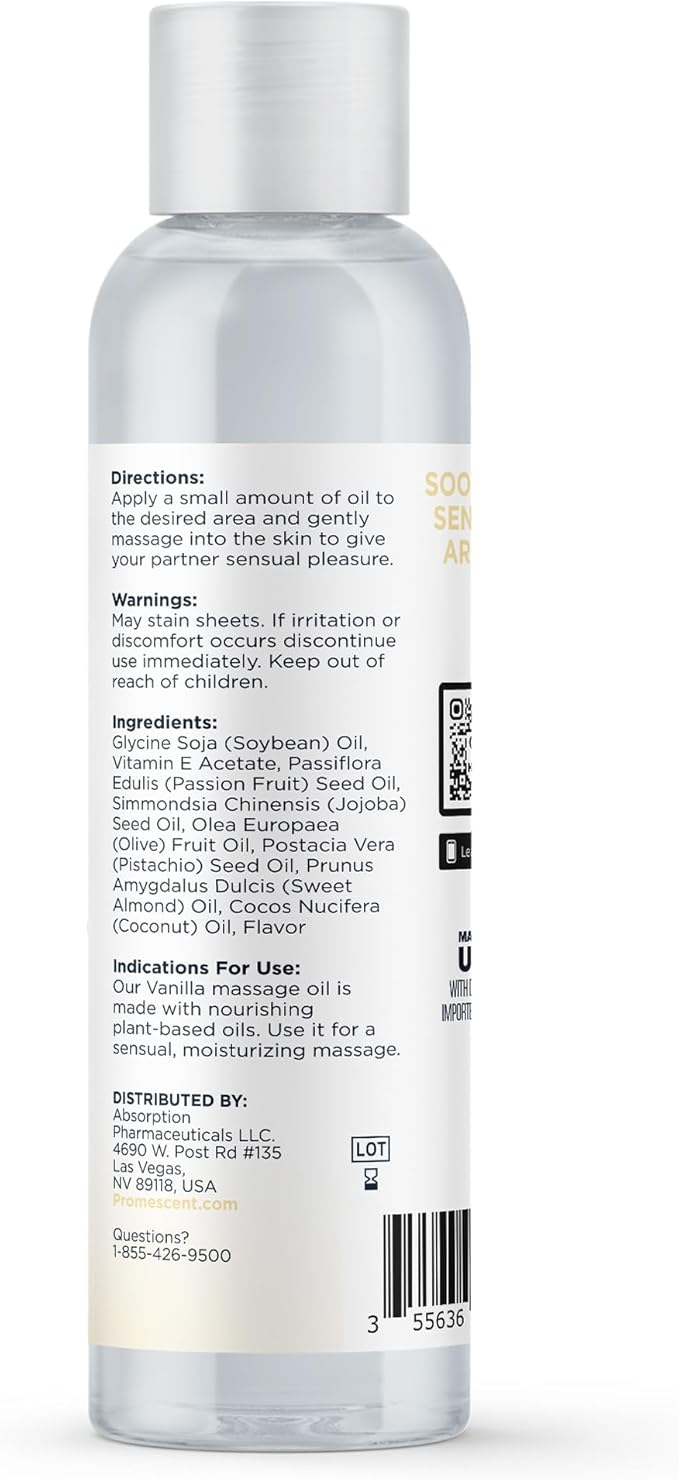 Promescent Massage Oil for Massage Therapy, Massage Oils for Date Night, Premium Body Oil for Men & Women to Relieve Stress & Sore Muscles, Essential Oils for Skin (4 oz) (Vanilla)