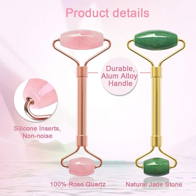 2 Pack Jade Facial Roller & Rose Quartz Face Roller for Wrinkles and Puffiness, Natural Jade Stone Face Massager Roller