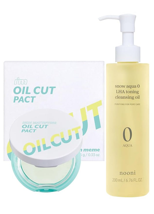 I'm Meme Compact - Oil Cut Pact, 0.34 Oz + NOONI Korean Cleansing Oil - Snow Aqua 0 LHA Toning Pore Care Korean Facial Oil Cleanser, 6.76 fl.oz Bundle