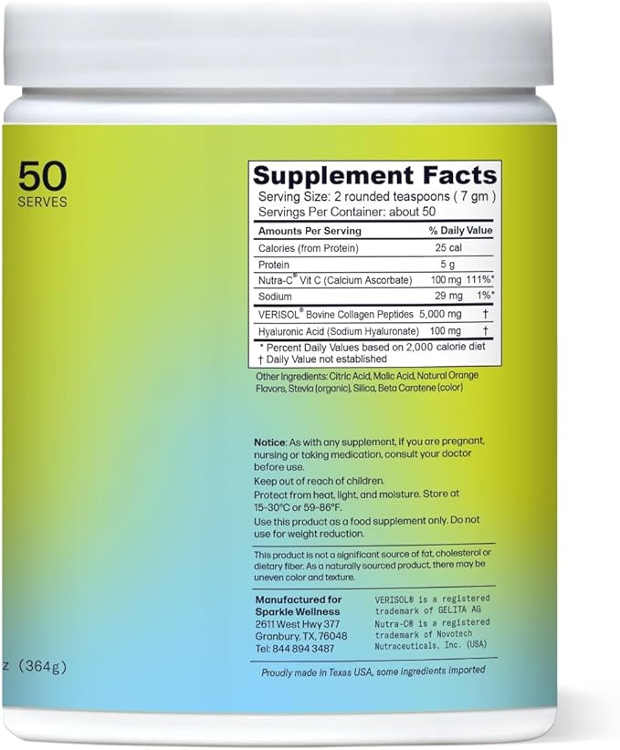 Sparkle Wellness Skin Boost Plus (Orange) [50-Serves] | Collagen Powder Supplement with VERISOL Bioactive Hydrolyzed Collagen Peptides, Vitamin C & Hyaluronic Acid to Improve Skin Elasticity