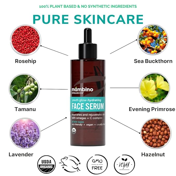 Mambino Organics Youth Glow Hydrating Serum – Organic, Face Serum with Namibian Marula – Nourishing Omegas & Vitamin C for Dryness, Dark Spots, Dullness – Cruelty-Free Skin Care, 3-Pack 1 fl oz