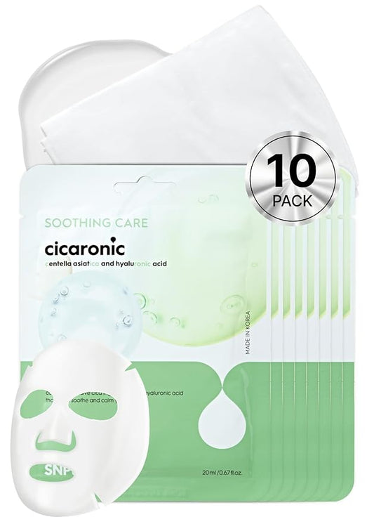 [K Beauty Snp] Cicaronic Ampoule Sheet Mask | Soothing, Hydrating, and Calming for All Sensitive Skin Types with Cica, Hyaluronic | Face Masks Skincare | Korean Skin Care Facial Mask | 10 Sheets